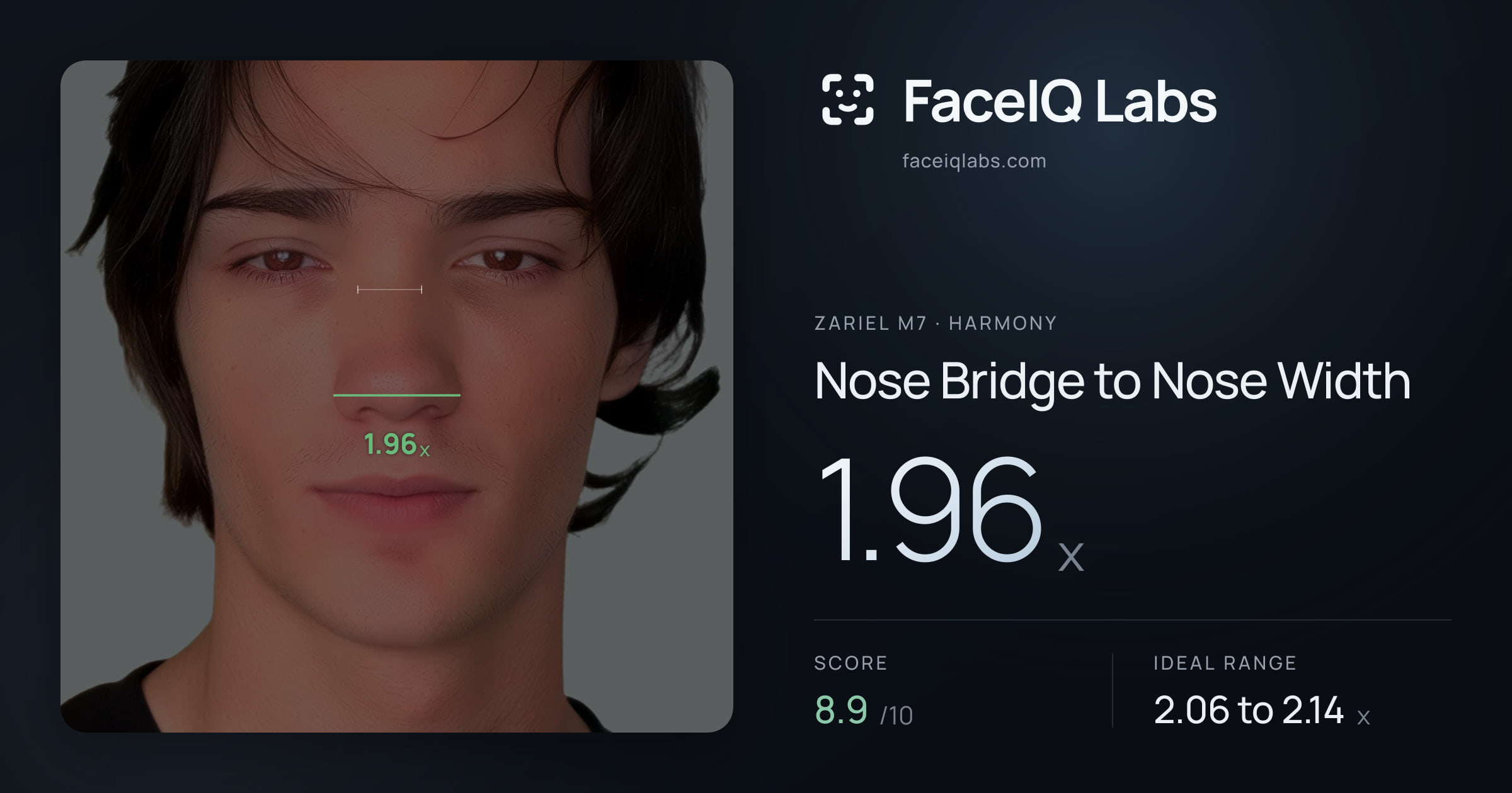 Zariel M7 Nose Bridge to Nose Width: 1.96x, drawn on the photo