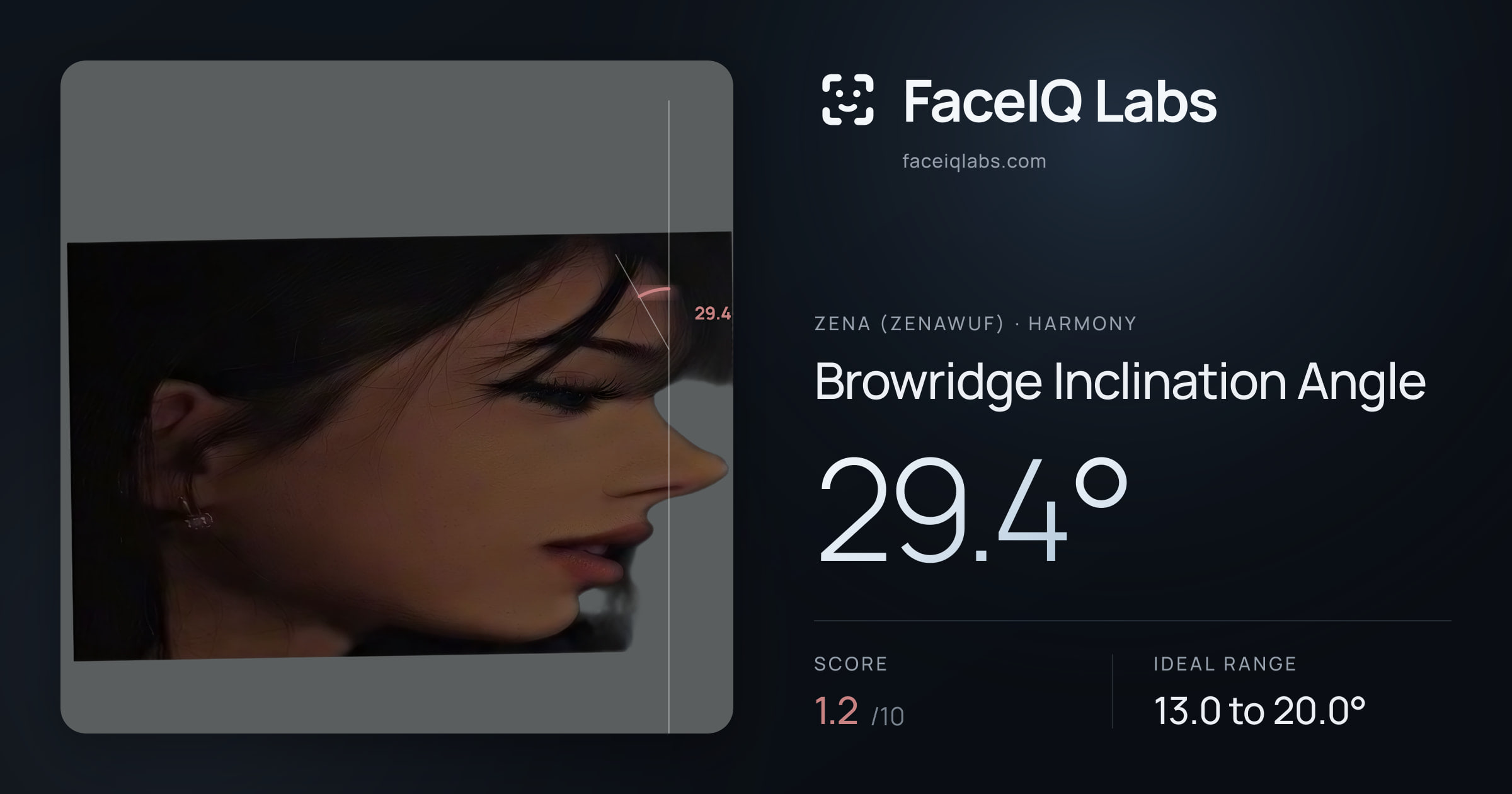 Zena (Zenawuf) Browridge Inclination Angle: 29.4°, drawn on the photo