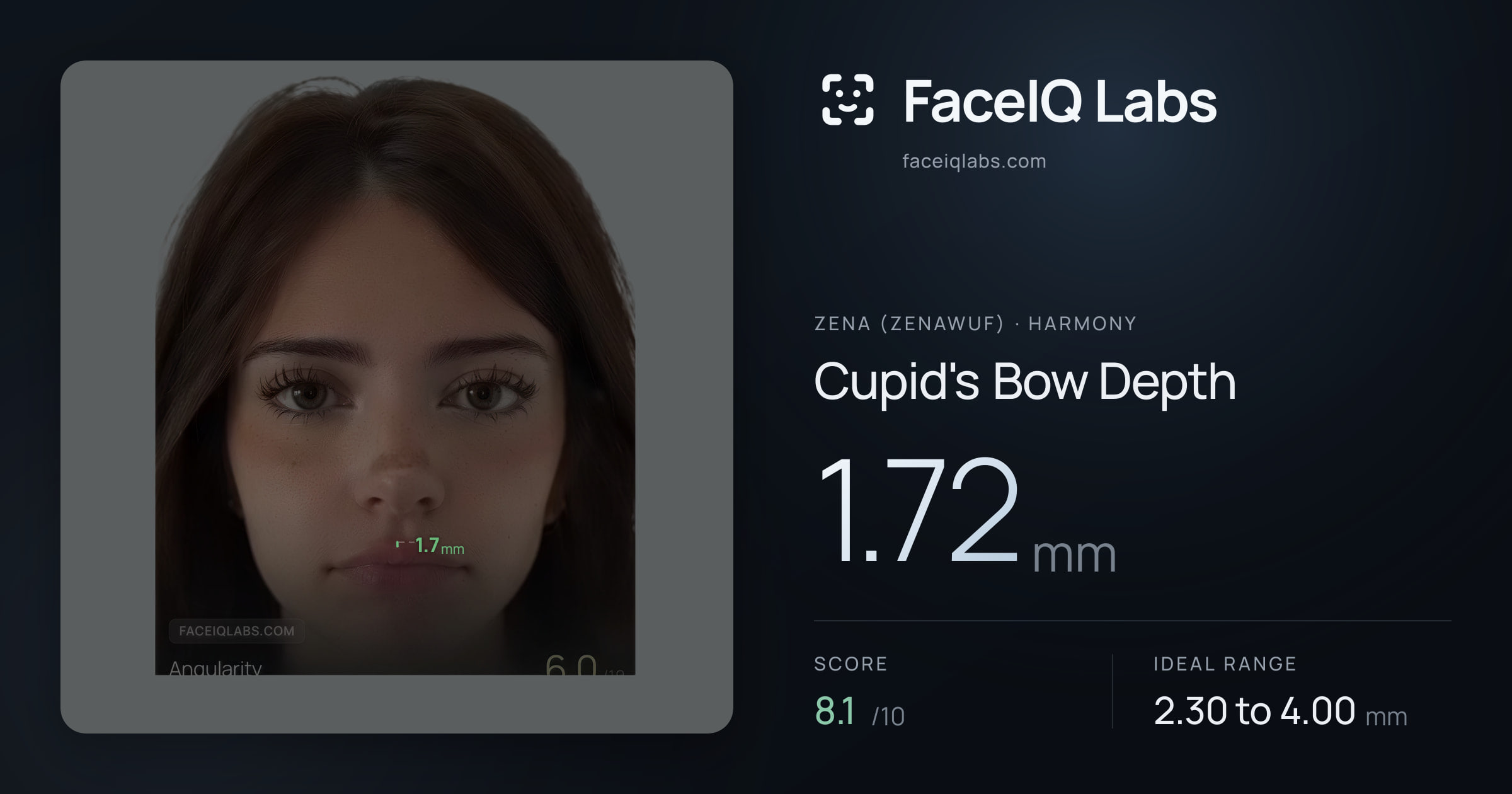 Zena (Zenawuf) Cupid's Bow Depth: 1.72mm, drawn on the photo