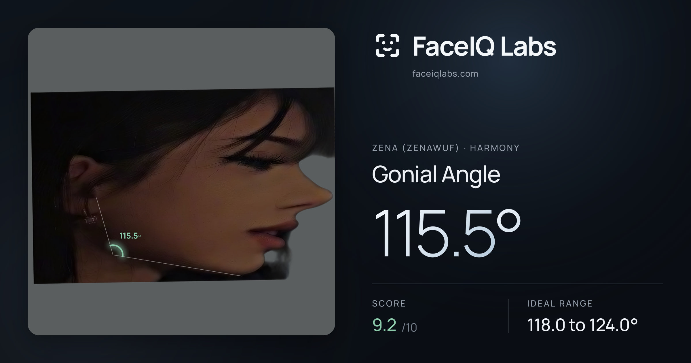 Zena (Zenawuf) Gonial Angle: 115.5°, drawn on the photo