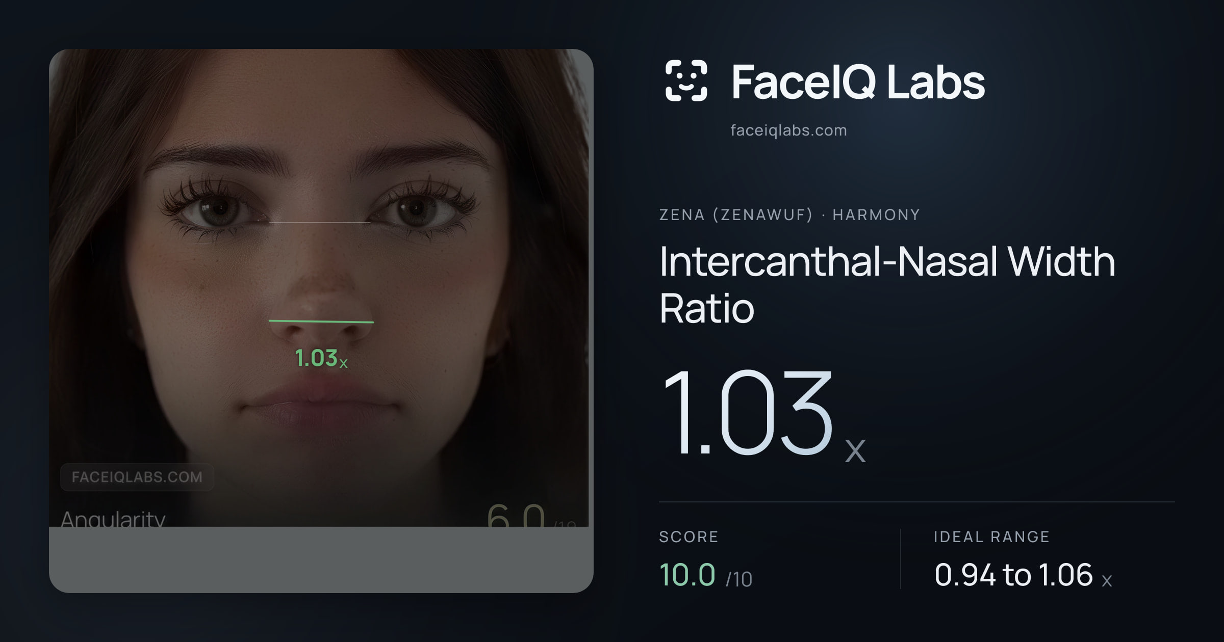 Zena (Zenawuf) Intercanthal-Nasal Width Ratio: 1.03x, drawn on the photo