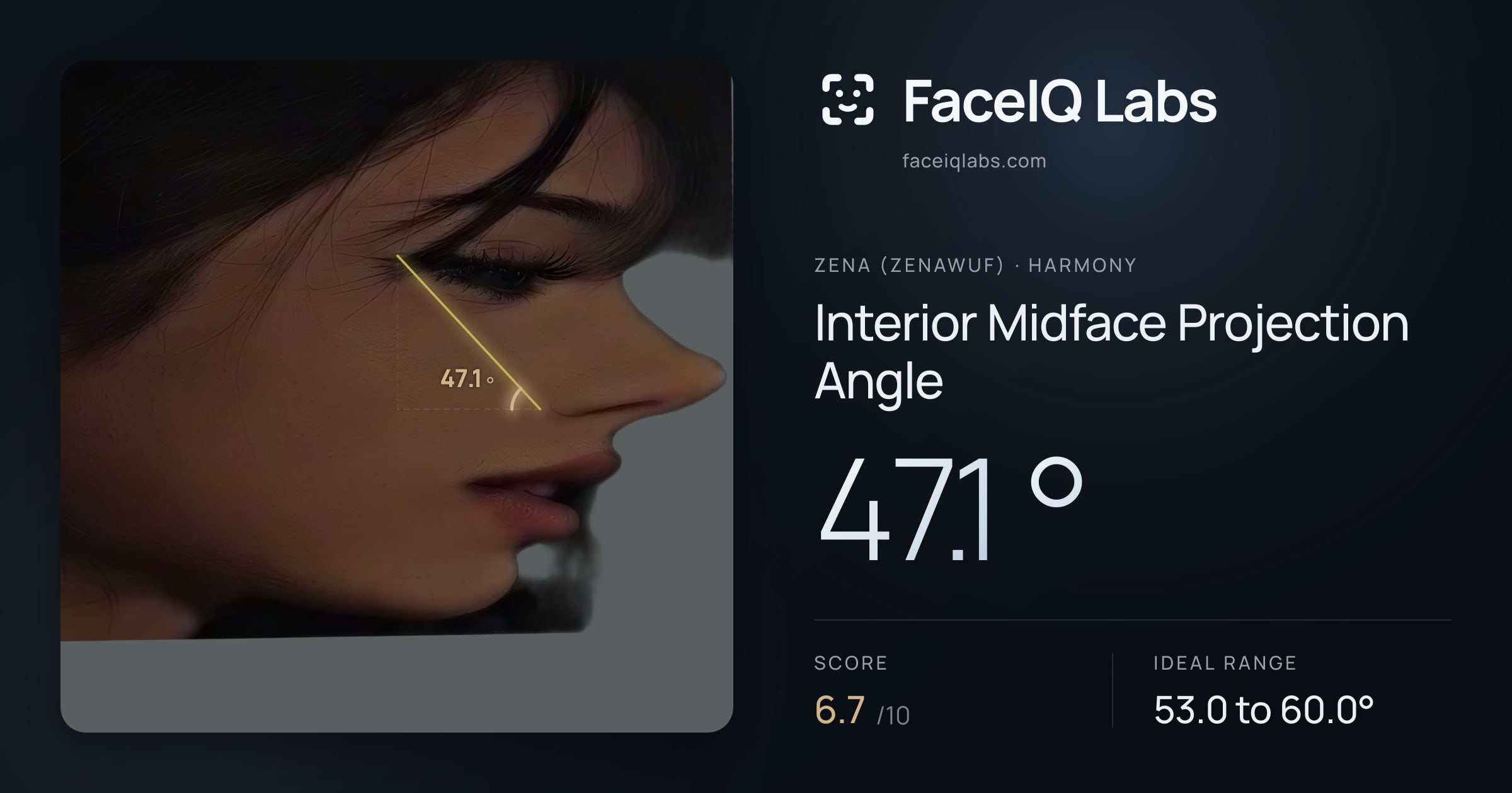 Zena (Zenawuf) Interior Midface Projection Angle: 47.1°, drawn on the photo