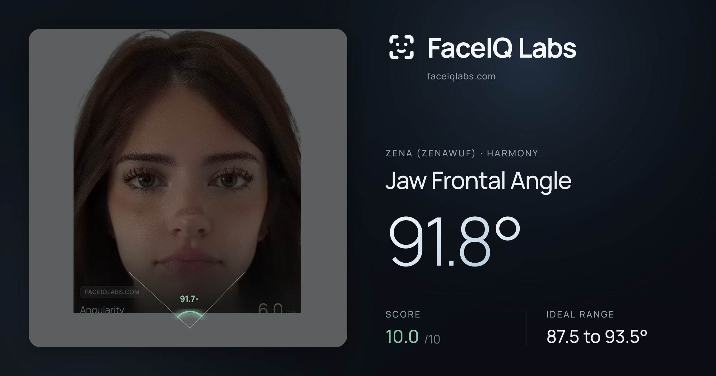 Zena (Zenawuf) Jaw Frontal Angle: 91.8°, drawn on the photo