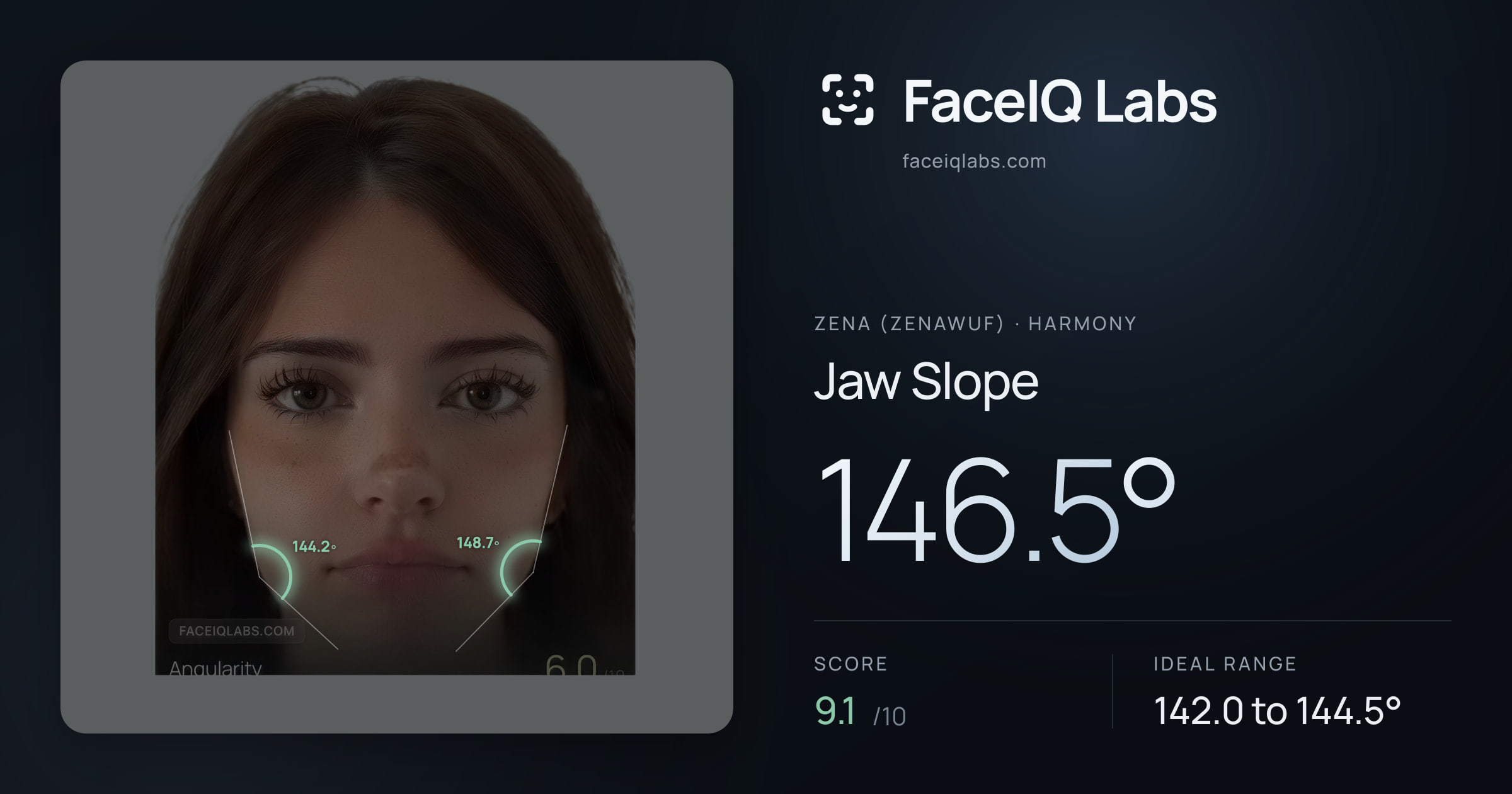 Zena (Zenawuf) Jaw Slope: 146.5°, drawn on the photo