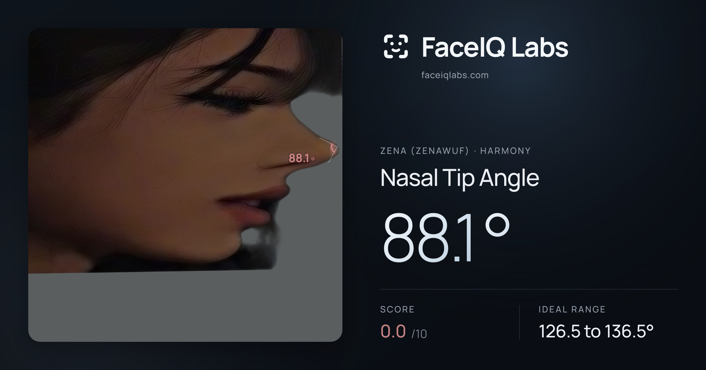 Zena (Zenawuf) Nasal Tip Angle: 88.1°, drawn on the photo
