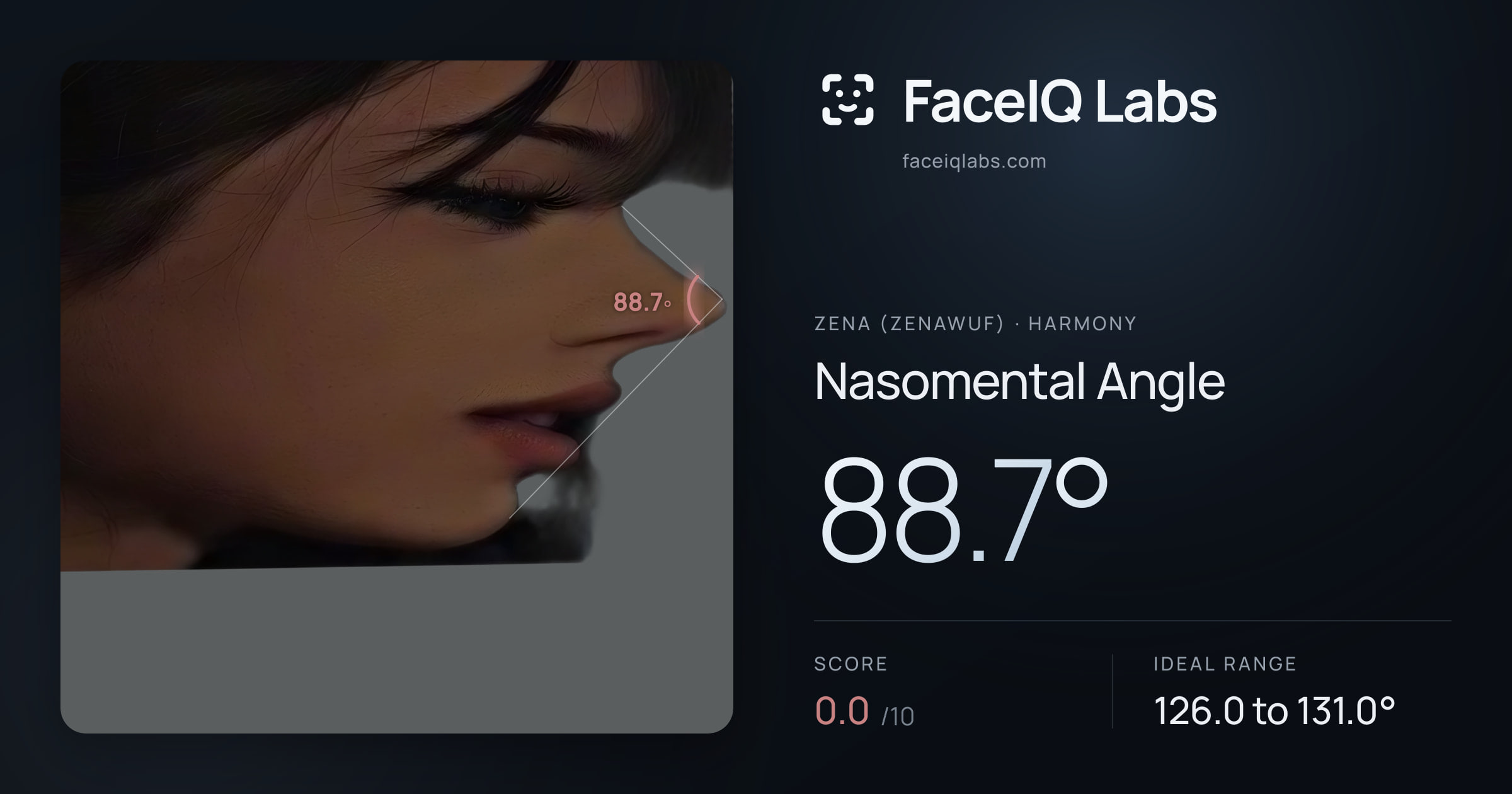 Zena (Zenawuf) Nasomental Angle: 88.7°, drawn on the photo