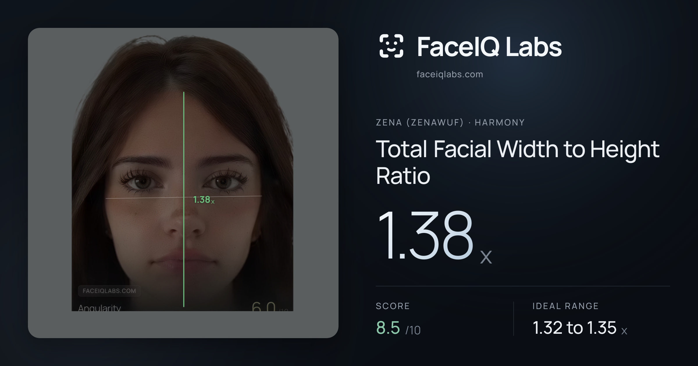 Zena (Zenawuf) Total Facial Width to Height Ratio: 1.38x, drawn on the photo