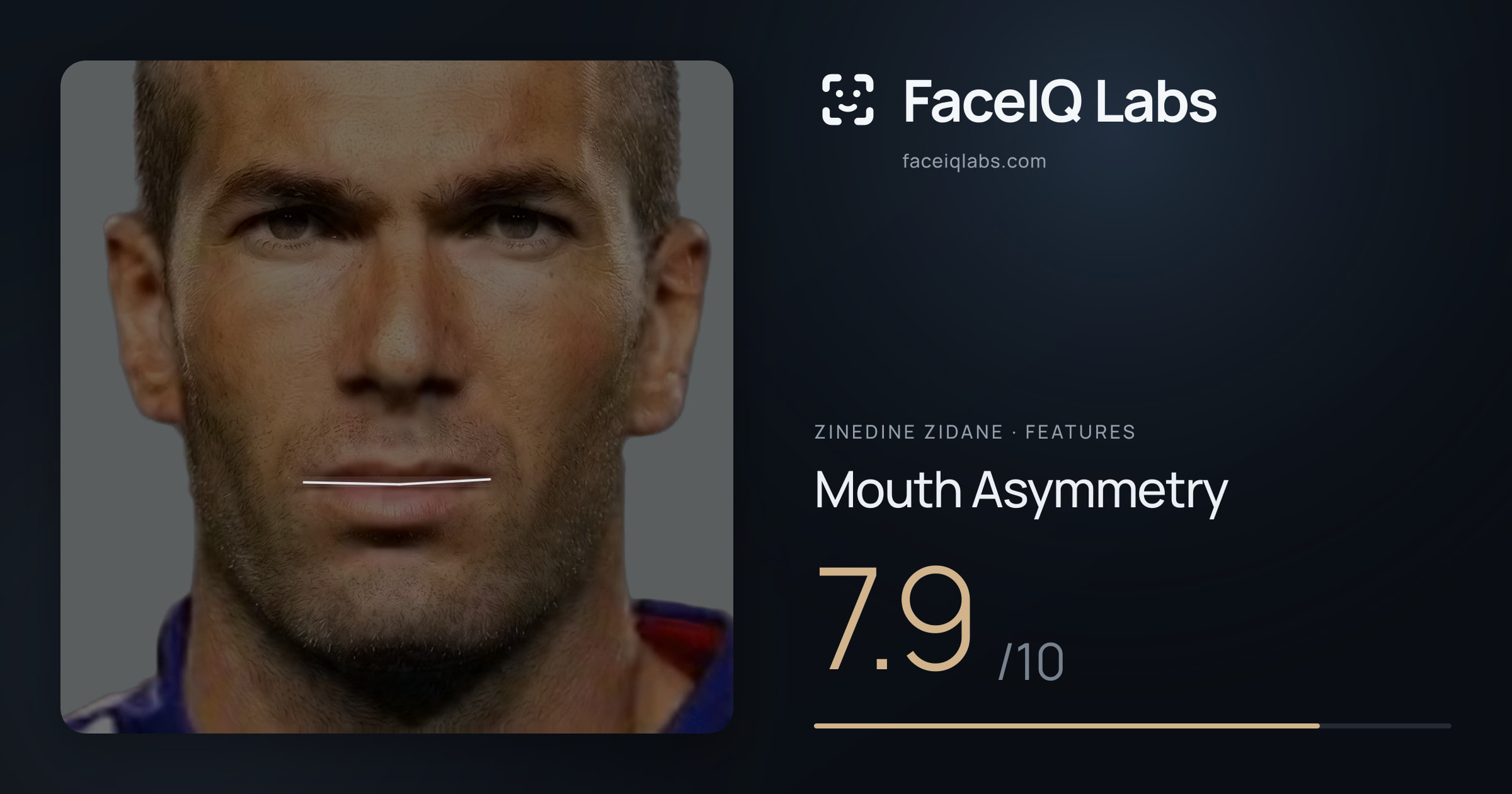Zinedine Zidane Mouth Asymmetry: 7.9/10, drawn on the photo