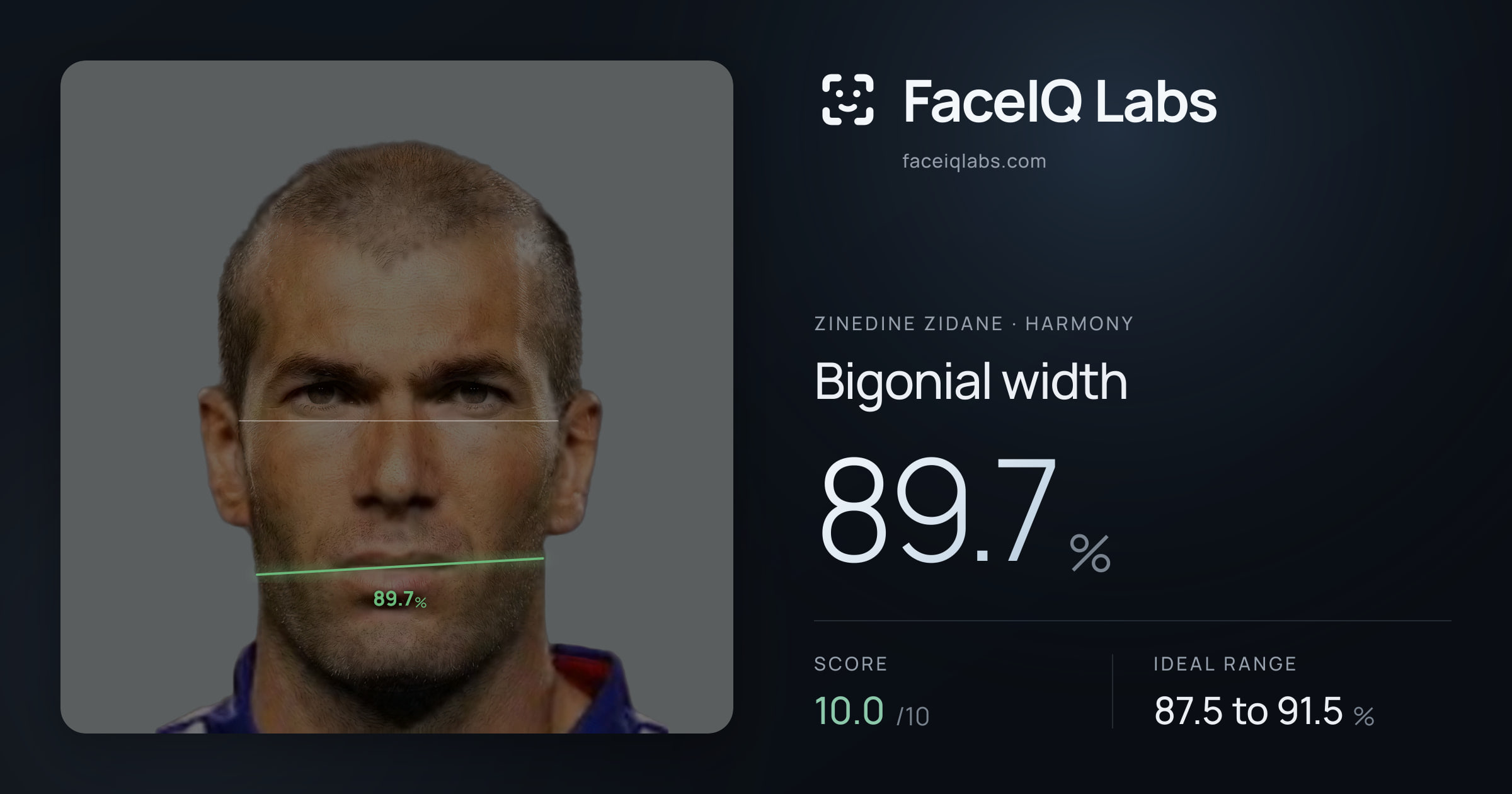 Zinedine Zidane Bigonial width: 89.7%, drawn on the photo
