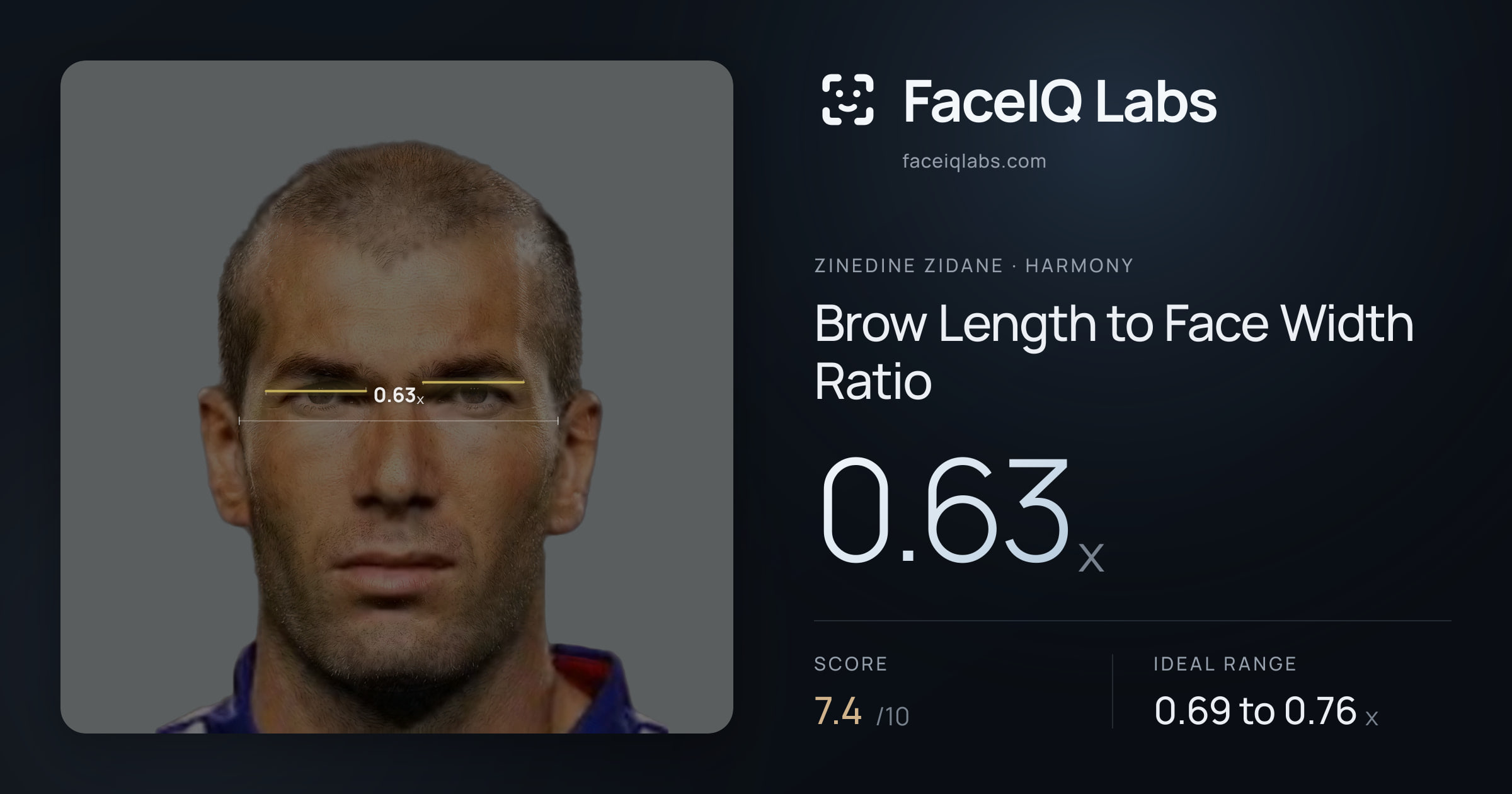 Zinedine Zidane Brow Length to Face Width Ratio: 0.63x, drawn on the photo