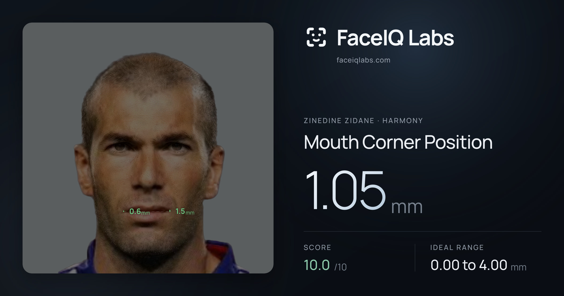 Zinedine Zidane Mouth Corner Position: 1.05mm, drawn on the photo