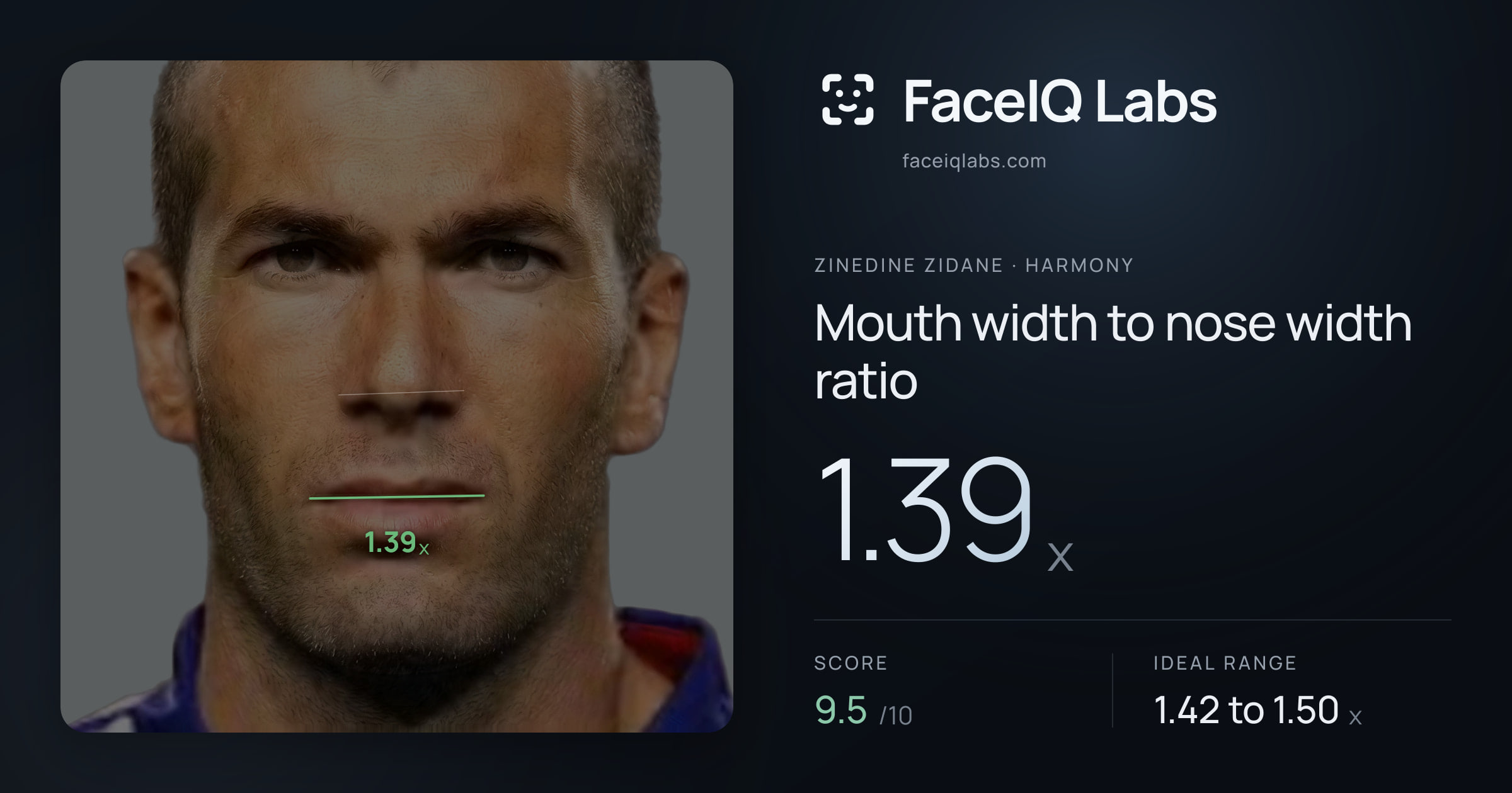 Zinedine Zidane Mouth width to nose width ratio: 1.39x, drawn on the photo