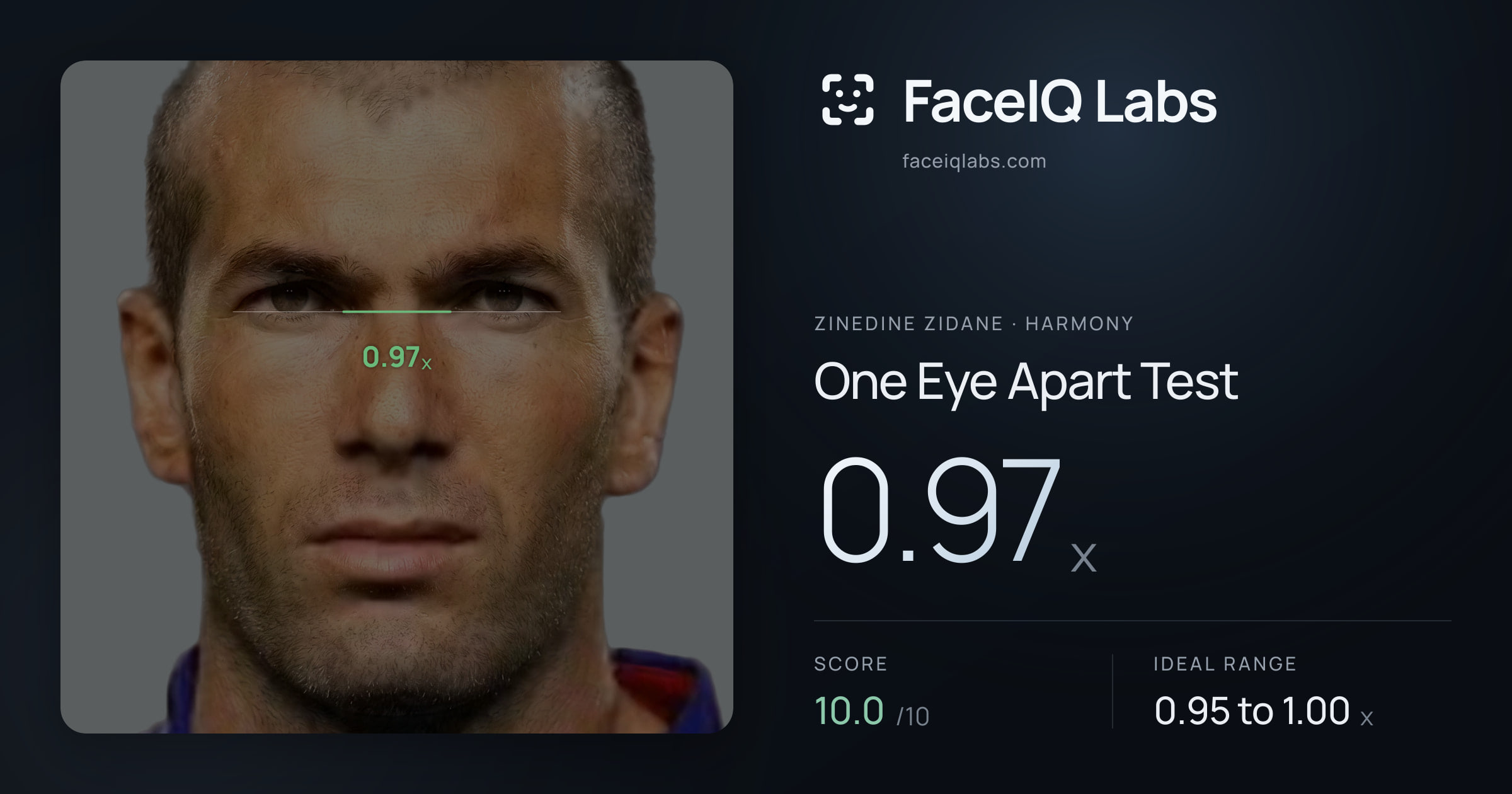 Zinedine Zidane One Eye Apart Test: 0.97x, drawn on the photo