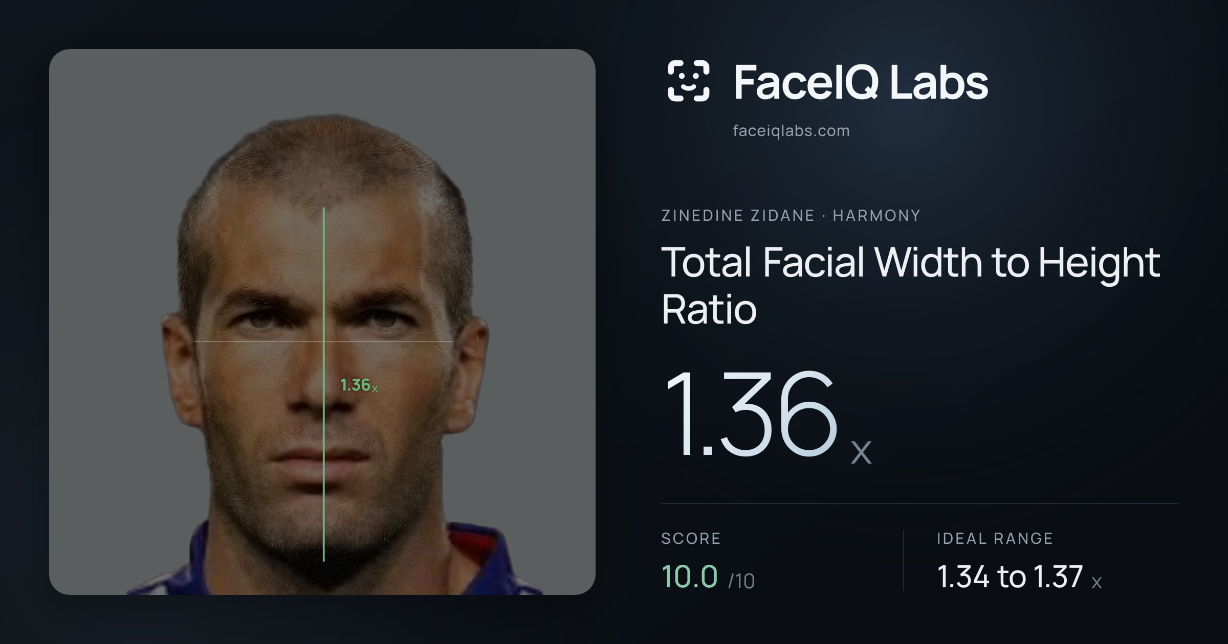 Zinedine Zidane Total Facial Width to Height Ratio: 1.36x, drawn on the photo